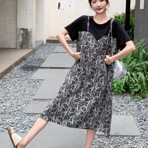 Retro Floral Spliced Dress for Women - 2025 Summer Loose Fit Two-Piece T-Shirt Dress in French Lazy Style