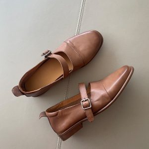 Retro Genuine Leather Mary Jane Shoes for Women, Spring 2025, Flat Low-Heeled Soft Leather Flats, Y2K Vintage Style Footwear