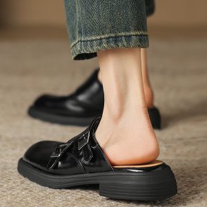 Retro Genuine Leather Open-Toe Half Slippers for Women - Summer Chunky Heel Slip-On Mules Sandals with Thick Sole
