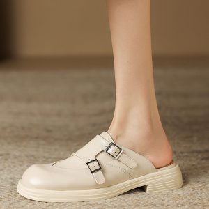 Retro Genuine Leather Open-Toe Half Slippers for Women - Summer Chunky Heel Slip-On Mules Sandals with Thick Sole