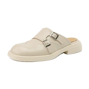 Retro Genuine Leather Open-Toe Half Slippers for Women - Summer Chunky Heel Slip-On Mules Sandals with Thick Sole