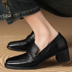 Retro Genuine Leather Square Toe Chunky Heel Loafers for Women - British Style Slip-On Mid-Heel Shoes, Sizes 41-43