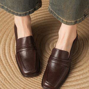 Retro Genuine Leather Square Toe Chunky Heel Loafers for Women - British Style Slip-On Mid-Heel Shoes, Sizes 41-43