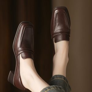 Retro Genuine Leather Square Toe Chunky Heel Loafers for Women - British Style Slip-On Mid-Heel Shoes, Sizes 41-43
