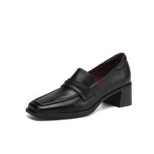 Retro Genuine Leather Square Toe Chunky Heel Loafers for Women - British Style Slip-On Mid-Heel Shoes, Sizes 41-43