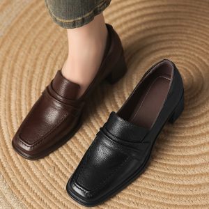 Retro Genuine Leather Square Toe Chunky Heel Loafers for Women - British Style Slip-On Mid-Heel Shoes, Sizes 41-43