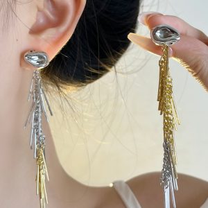 Retro Gold and Silver Color-Blocking Tassel Asymmetrical Long Earrings for Women - Light Luxury High-End Fashion Jewelry