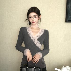Retro Gray-Pink Lace Splicing Slim-Fit Top with Neck Strap - Elegant Y2K Style Shirt for Chic Outfits