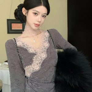 Retro Gray-Pink Lace Splicing Slim-Fit Top with Neck Strap - Elegant Y2K Style Shirt for Chic Outfits