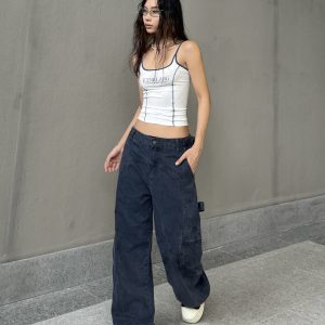 Retro High Street Distressed Wide-Leg Work Pants - Unique Loose Straight-Leg Trousers for 90s Inspired Fashion