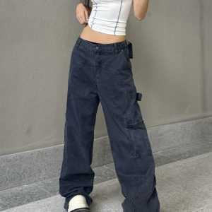 Retro High Street Distressed Wide-Leg Work Pants - Unique Loose Straight-Leg Trousers for 90s Inspired Fashion