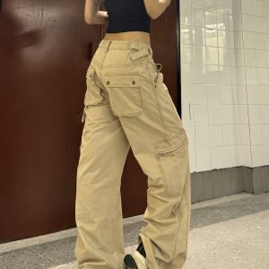 Retro High Street Distressed Wide-Leg Work Pants - Unique Loose Straight-Leg Trousers for 90s Inspired Fashion