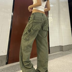 Retro High Street Distressed Wide-Leg Work Pants - Unique Loose Straight-Leg Trousers for 90s Inspired Fashion