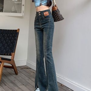 Retro High Waist Fleece-Lined Flared Jeans for Women - Slim Fit Split Hem Autumn Winter 2024, Flattering for Petite Figures