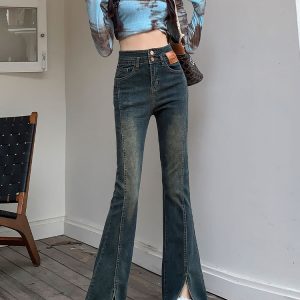 Retro High Waist Fleece-Lined Flared Jeans for Women - Slim Fit Split Hem Autumn Winter 2024, Flattering for Petite Figures
