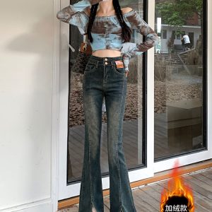 Retro High Waist Fleece-Lined Flared Jeans for Women - Slim Fit Split Hem Autumn Winter 2024, Flattering for Petite Figures