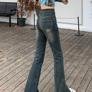 Retro High Waist Fleece-Lined Flared Jeans for Women - Slim Fit Split Hem Autumn Winter 2024, Flattering for Petite Figures