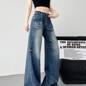 Retro High-Waisted Wide-Leg Jeans for Women, Loose Fit Casual Straight-Leg Pants, 2025 Spring Style, Floor-Length Fashion