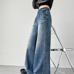 Retro High-Waisted Wide-Leg Jeans for Women, Loose Fit Casual Straight-Leg Pants, 2025 Spring Style, Floor-Length Fashion