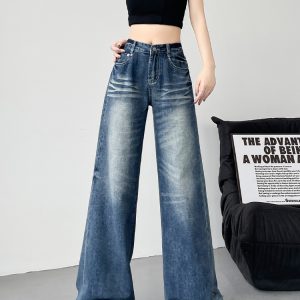 Retro High-Waisted Wide-Leg Jeans for Women, Loose Fit Casual Straight-Leg Pants, 2025 Spring Style, Floor-Length Fashion