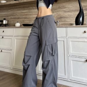 Retro Hip-Hop Cargo Pants for Women - Spicy American-Style Wide-Leg Pants with Drawstring and Pleated Pockets - Casual Streetwear