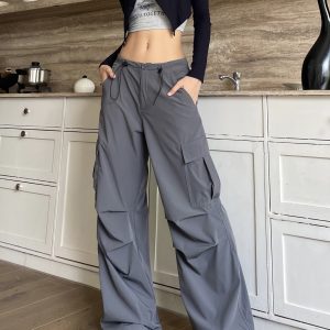 Retro Hip-Hop Cargo Pants for Women - Spicy American-Style Wide-Leg Pants with Drawstring and Pleated Pockets - Casual Streetwear
