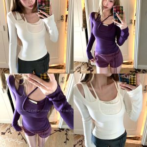 Retro-Inspired Fake Two-Piece Halter Neck Base Shirt for Women - Waist-Cinching Knit Top, Perfect for 90s and Y2K Fashion