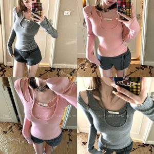 Retro-Inspired Fake Two-Piece Halter Neck Base Shirt for Women - Waist-Cinching Knit Top, Perfect for 90s and Y2K Fashion