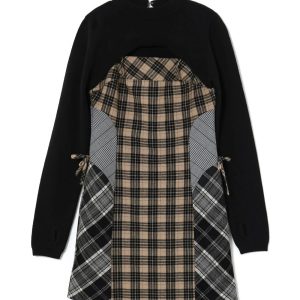 Retro Japanese Plaid Splicing Two-Piece Dress - Long Sleeve, Waist-Cinching Bodycon Skirt for Women, Perfect for Y2K Style