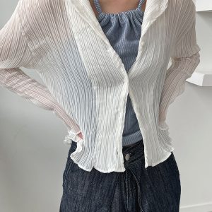 Retro Lightweight Pleated Vertical Stripe Sheer Long-Sleeve Fitted Shirt with Ruffled Edges - Unique Y2K Style