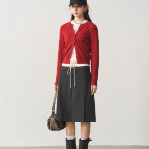 Retro Linen Gray Waist-Spliced Slimming Five-Point Half Skirt - Elegant Mid Skirt for 90s and Y2K Inspired Fashion