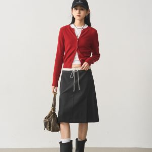 Retro Linen Gray Waist-Spliced Slimming Five-Point Half Skirt - Elegant Mid Skirt for 90s and Y2K Inspired Fashion