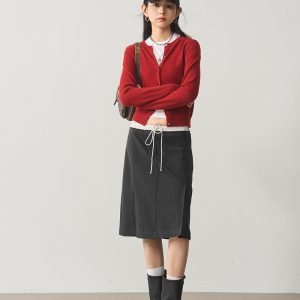 Retro Linen Gray Waist-Spliced Slimming Five-Point Half Skirt - Elegant Mid Skirt for 90s and Y2K Inspired Fashion