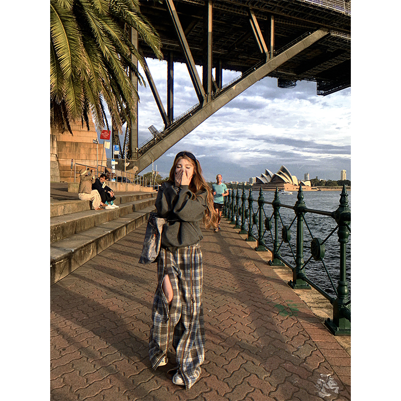 Retro Loose Straight Plaid Casual Pants for Women - Versatile Wide-Leg Long Trousers for Y2K and 90s Fashion