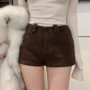 Retro Low-Waist Woolen Shorts for Women - Autumn Winter Slim Fit Casual Pants - Y2K Style Fashion