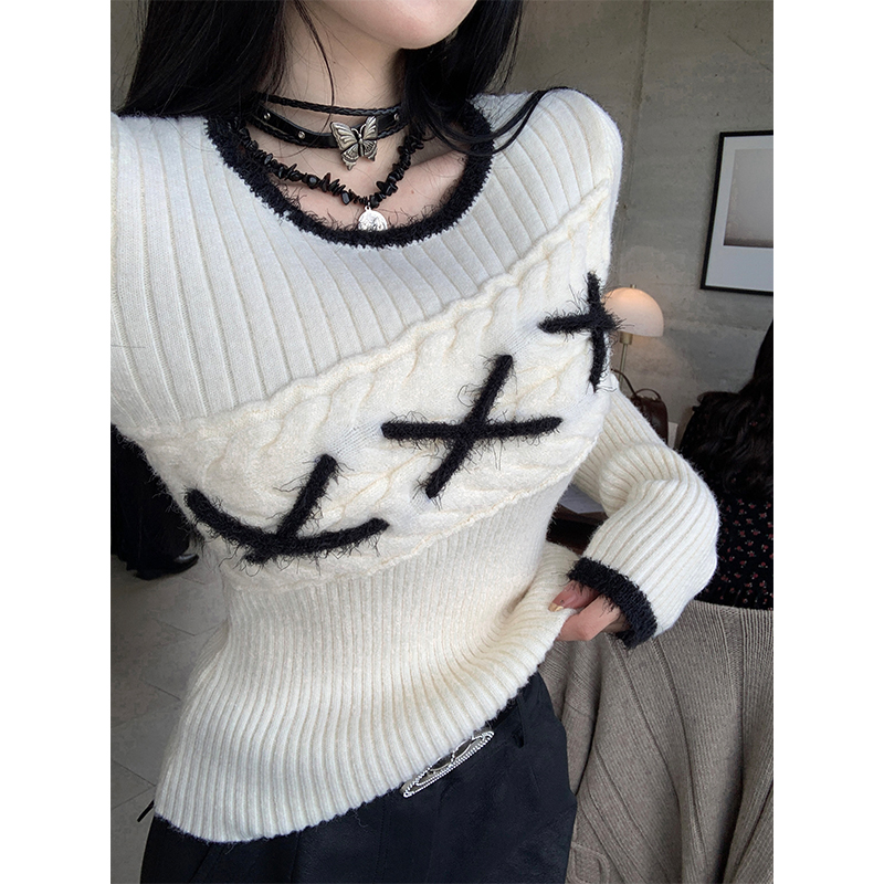 Retro Milk Cake Girl Slim Fit Knitted Sweater for Women - Vintage Style Base Layer Top