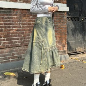 Retro Millennial Asymmetrical Denim Skirt - Heavy-Duty Mid-Length Wasteland Style for Spicy Girls