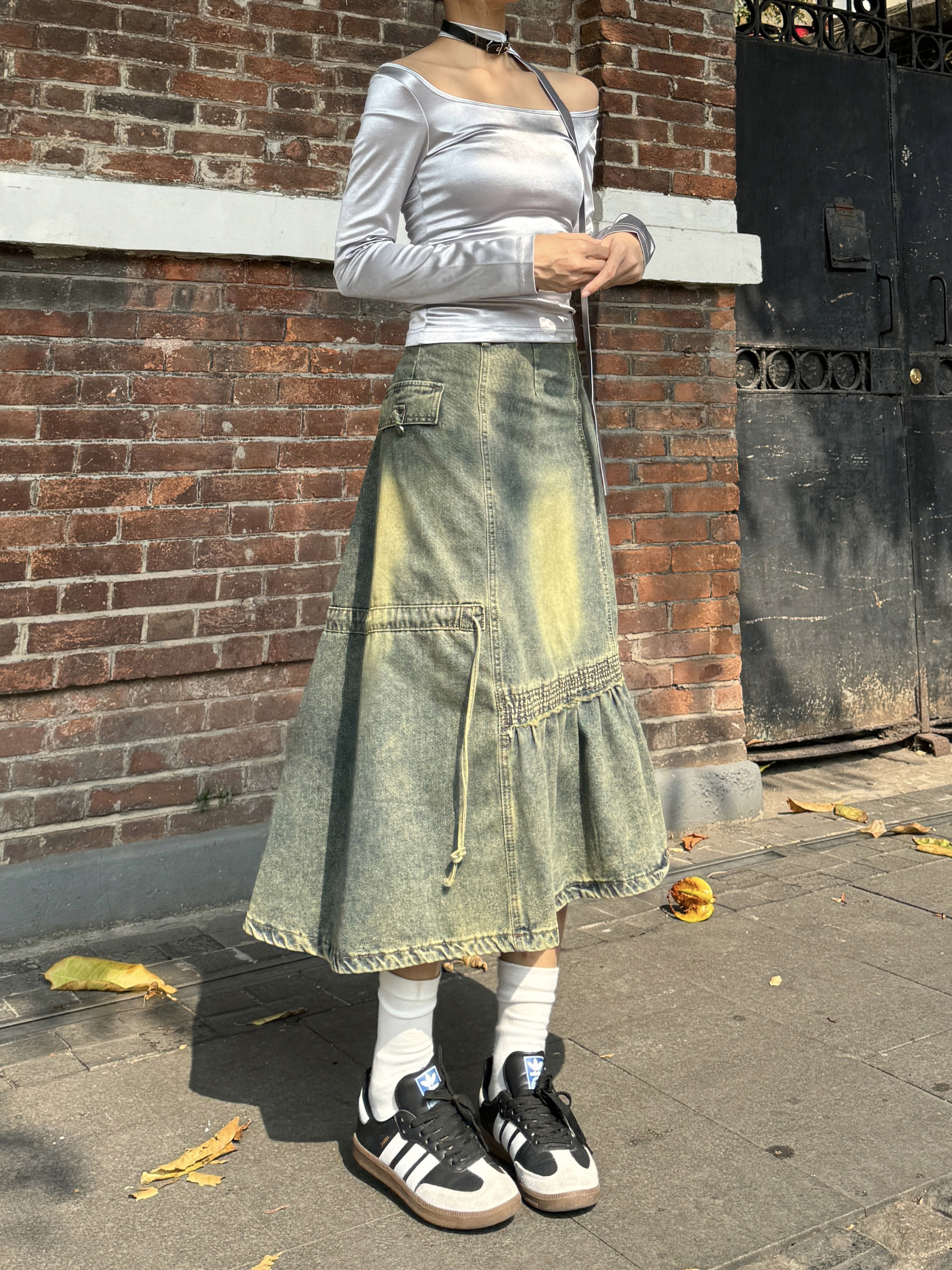 Retro Millennial Asymmetrical Denim Skirt - Heavy-Duty Mid-Length Wasteland Style for Spicy Girls