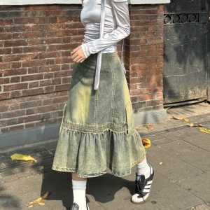 Retro Millennial Asymmetrical Denim Skirt - Heavy-Duty Mid-Length Wasteland Style for Spicy Girls