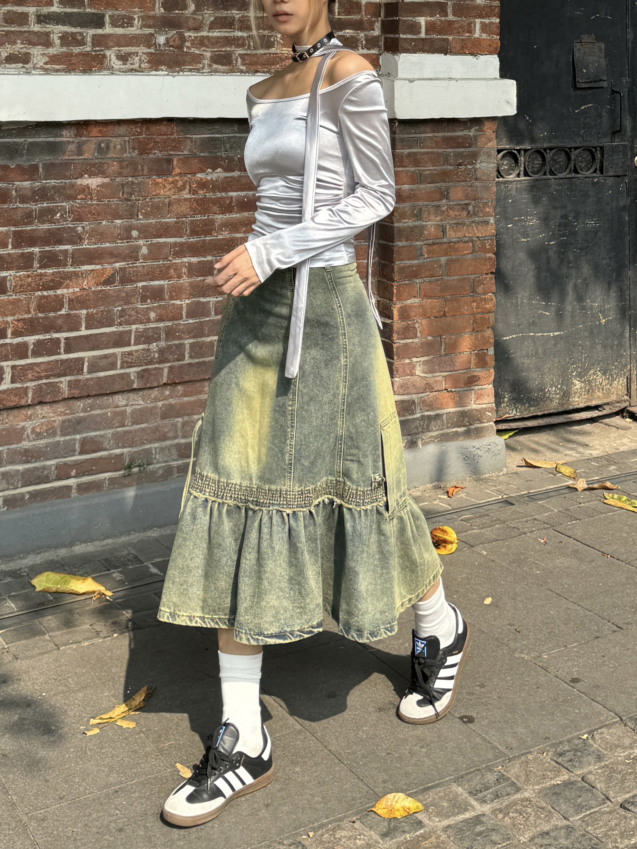 Retro Millennial Asymmetrical Denim Skirt - Heavy-Duty Mid-Length Wasteland Style for Spicy Girls