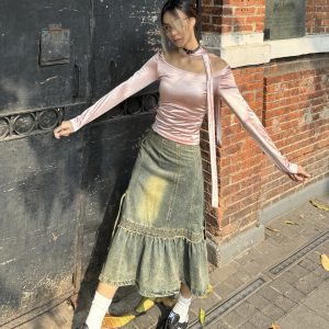 Retro Millennial Asymmetrical Denim Skirt - Heavy-Duty Mid-Length Wasteland Style for Spicy Girls