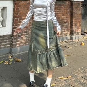Retro Millennial Asymmetrical Denim Skirt - Heavy-Duty Mid-Length Wasteland Style for Spicy Girls