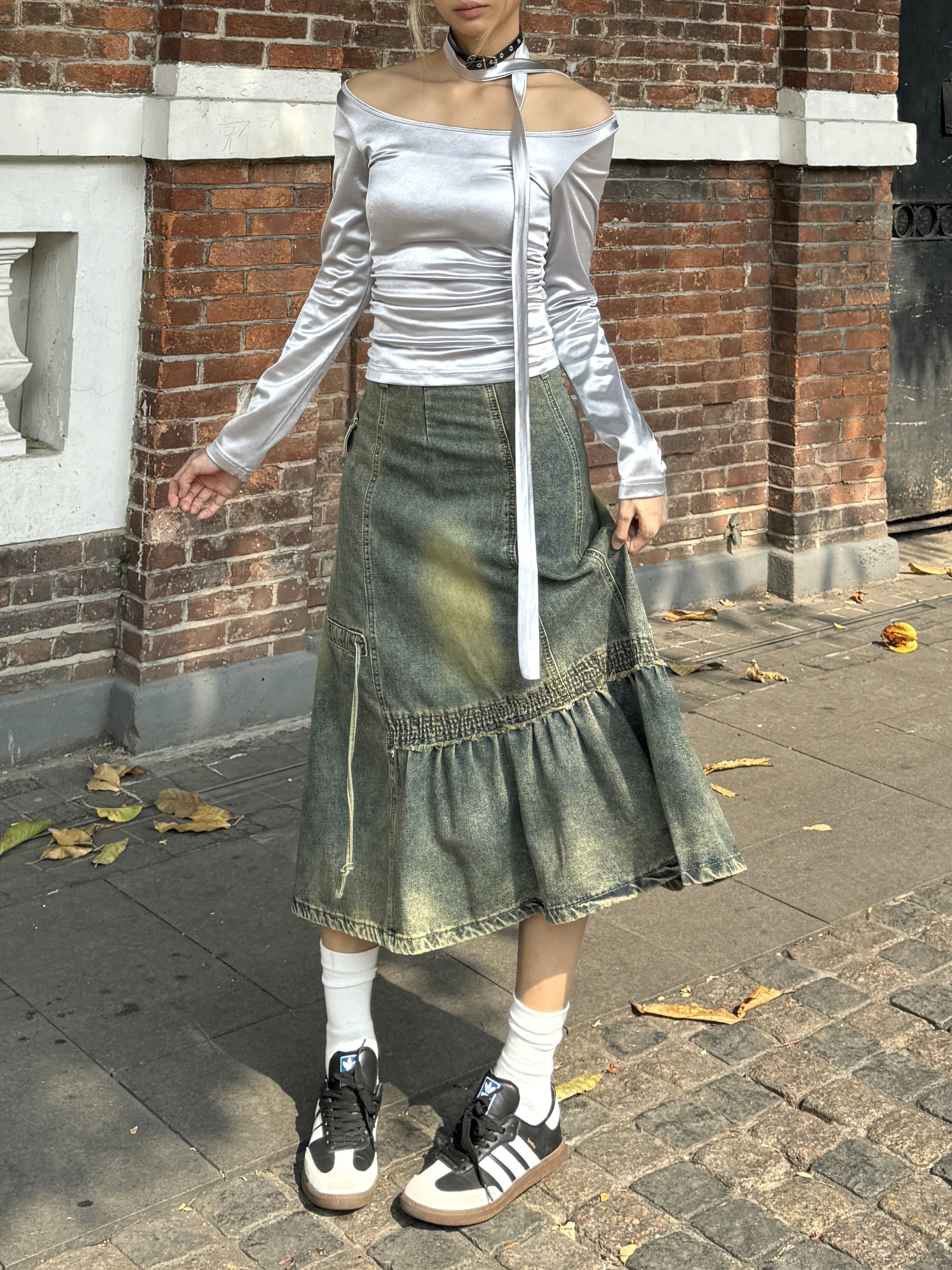 Retro Millennial Asymmetrical Denim Skirt - Heavy-Duty Mid-Length Wasteland Style for Spicy Girls