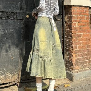 Retro Millennial Asymmetrical Denim Skirt - Heavy-Duty Mid-Length Wasteland Style for Spicy Girls