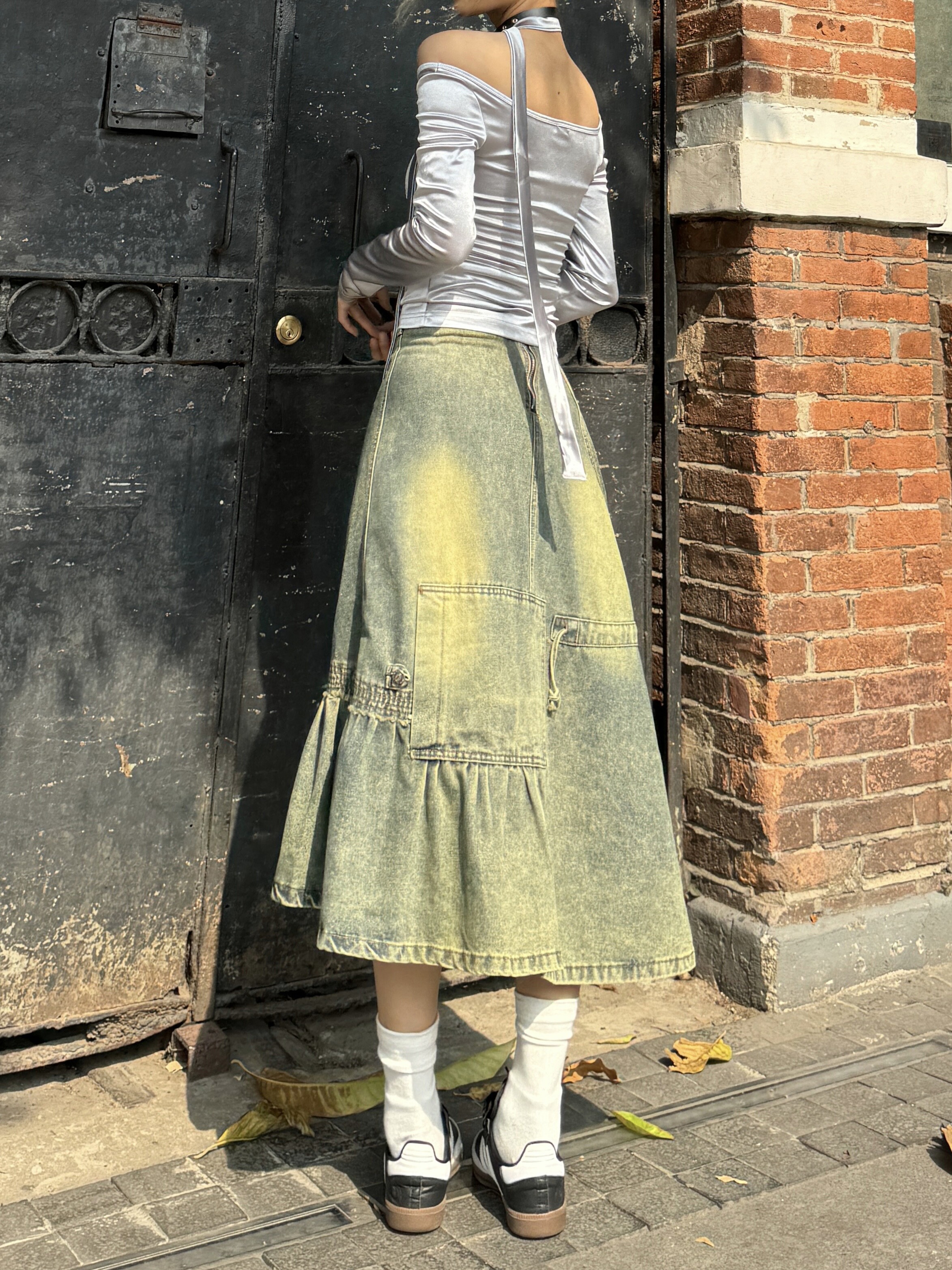 Retro Millennial Asymmetrical Denim Skirt - Heavy-Duty Mid-Length Wasteland Style for Spicy Girls