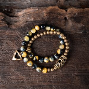Retro Minimalist Double Circle Bracelet with Yellow Tiger Eye Stone Beads - Unique Unisex Accessory