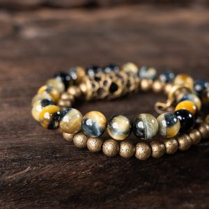 Retro Minimalist Double Circle Bracelet with Yellow Tiger Eye Stone Beads - Unique Unisex Accessory