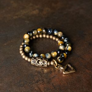 Retro Minimalist Double Circle Bracelet with Yellow Tiger Eye Stone Beads - Unique Unisex Accessory