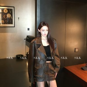 Retro Motorcycle Leather Jacket and PU Leather Skirt Set for Women - Borderless Freedom BF Style Spring Fashion