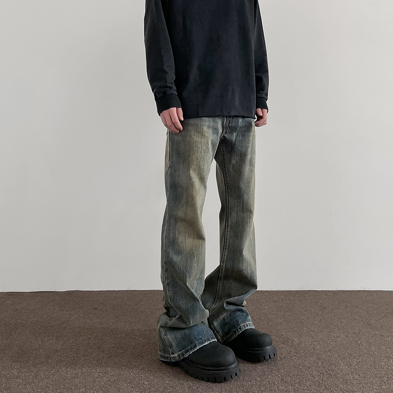 Retro Mud-Dyed Distressed Denim Pants - Trendy Straight Leg Flared Trousers for High Street Style, 90s Inspired Fashion